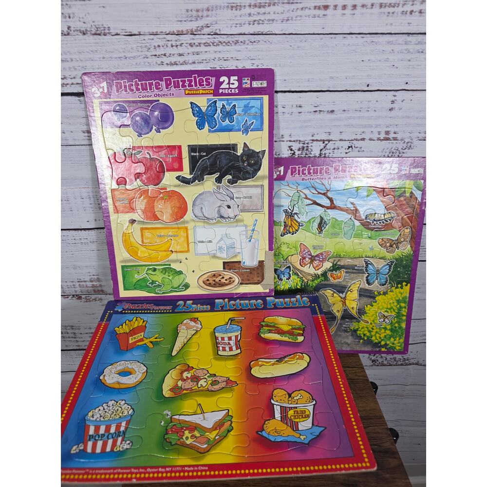 Lot of 3 Wooden Kids Learning Puzzles 25 Piece Educational Color Food Butterfly